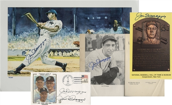 Lot of (4) Joe and Dom DiMaggio Signed Items (Postcard, Hall of Fame Plaque Card, Artwork, Book) (PSA precertified)